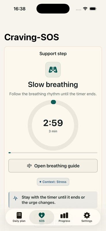 QuitNicPouches Craving-SOS screen for rating an urge and starting a short pause