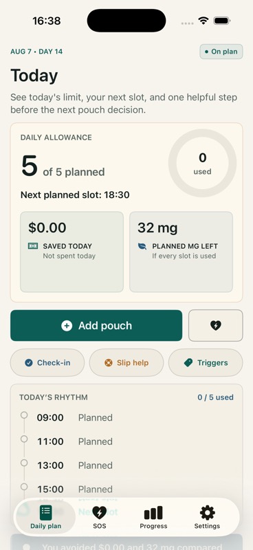 QuitNicPouches Daily Plan showing today's pouch allowance and next planned slot