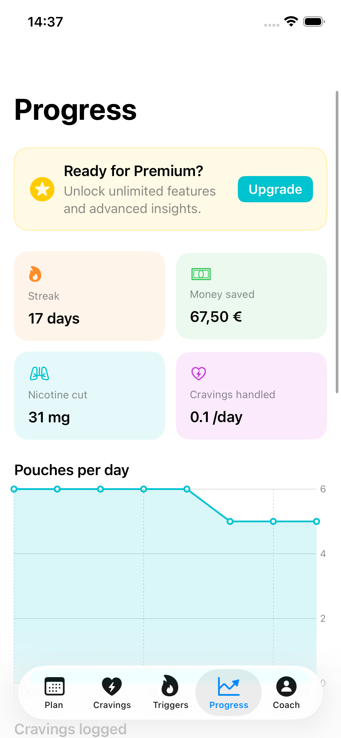 QuitNicPouches craving dashboard showing triggers, coping prompts, and streak progress.